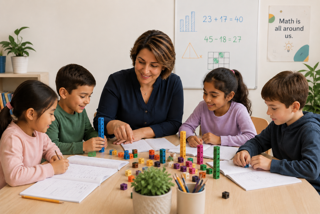 Female teacher with a diverse small group of 4–5 elementary kids using math blocks for addition and subtraction with individual workbooks